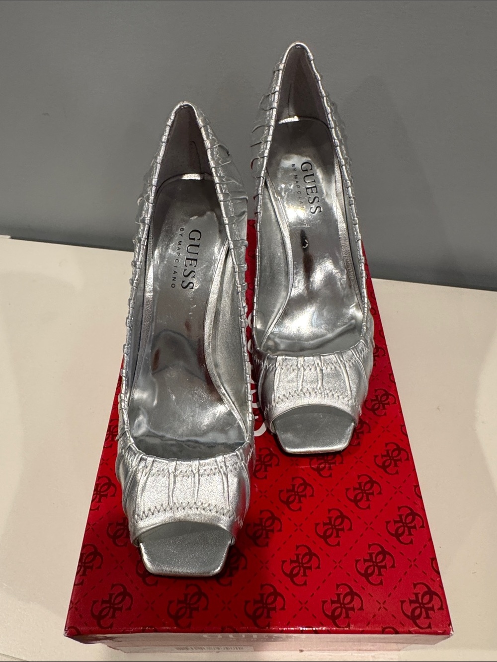 Guess Silver Metallic Peep-Toe Stiletto Heels